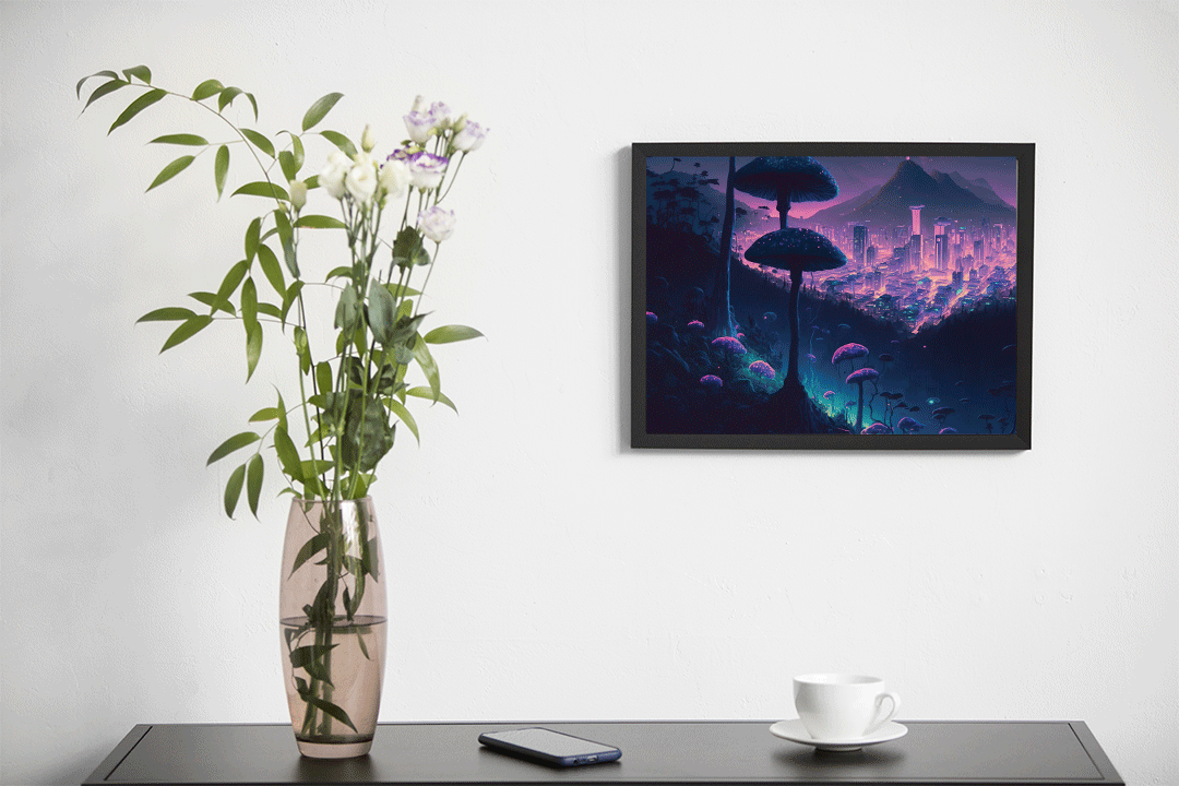 Neon City with Mushroom Plant | Wall Poster