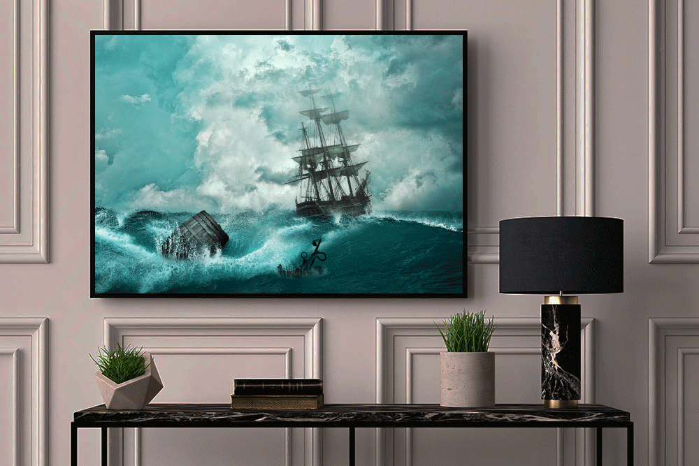 Pirate Ship Sailing in Stormy Sea | Wall Poster